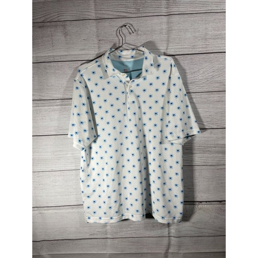 Fairway & Greene - Men's White/Blue Flower Print Short Sleeve Polo Shirt - Size
